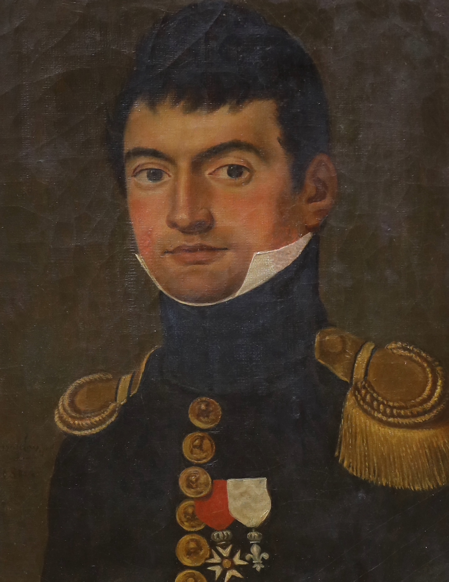Greek School, oil on canvas,Portrait of a Naval officer, indistinctly signed and dated 1814, 40 x 31cm